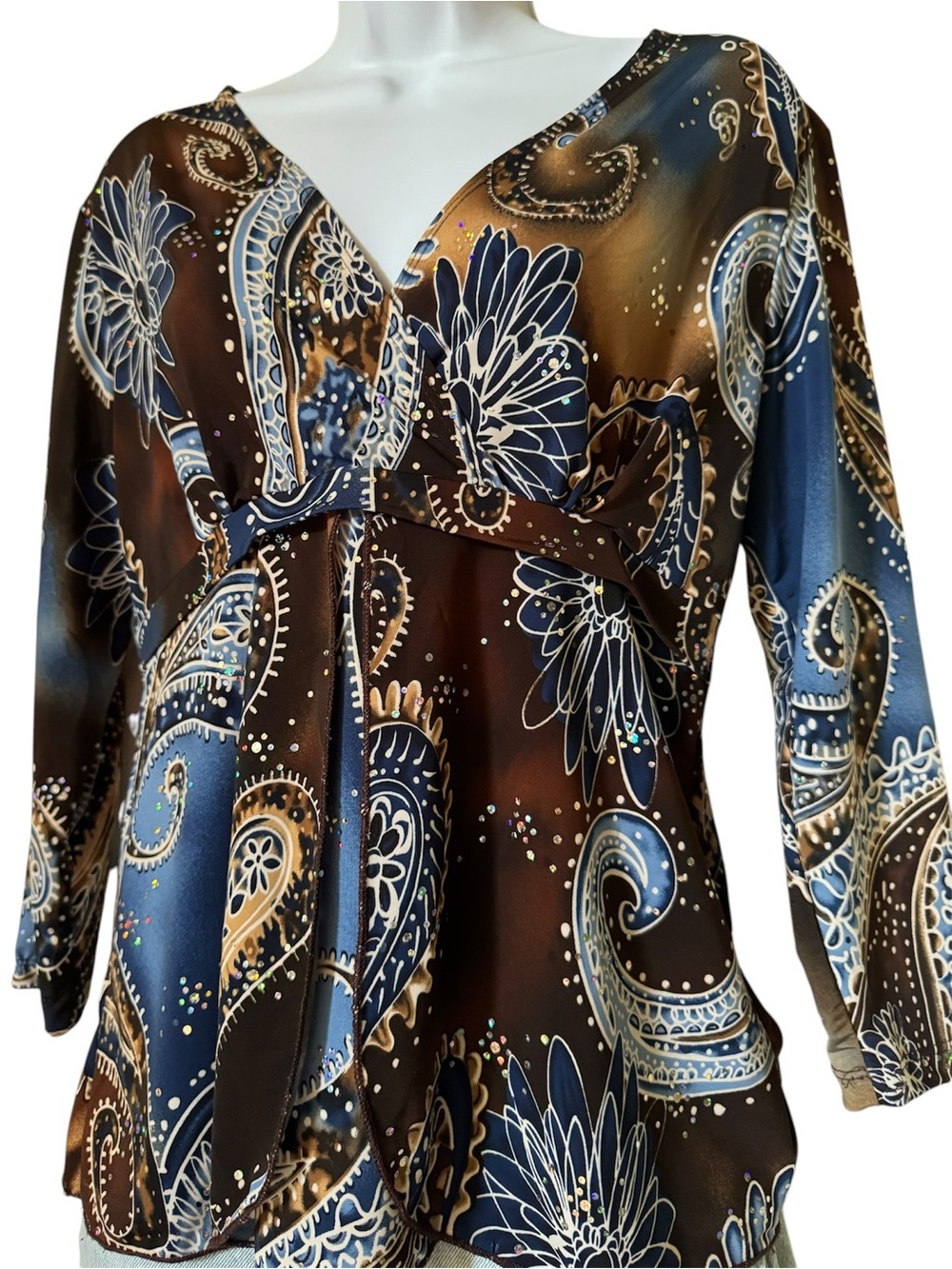 Vintage Y2K Susan Lawrence Paisley Gem Blouse Blue Brown Size L